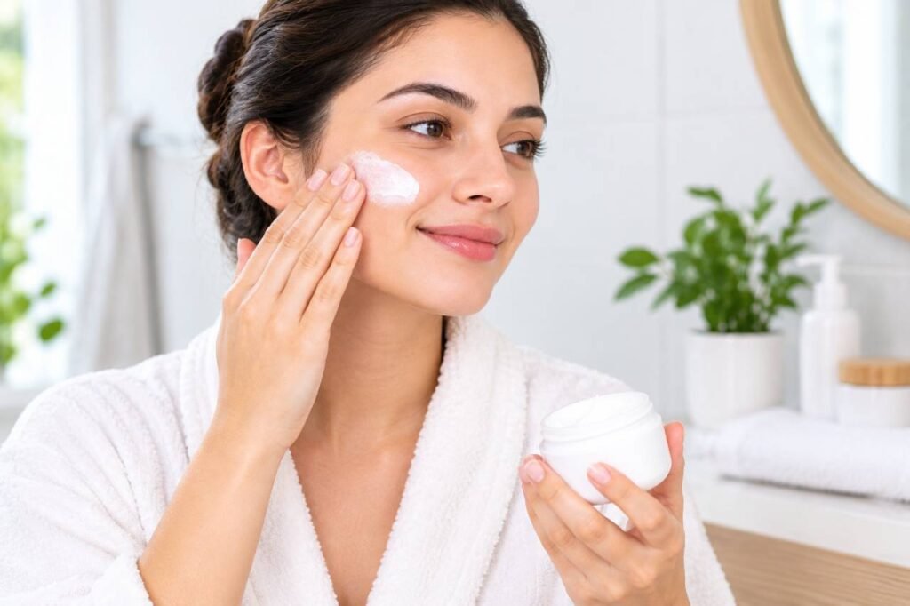 Woman applying moisturizer to her face