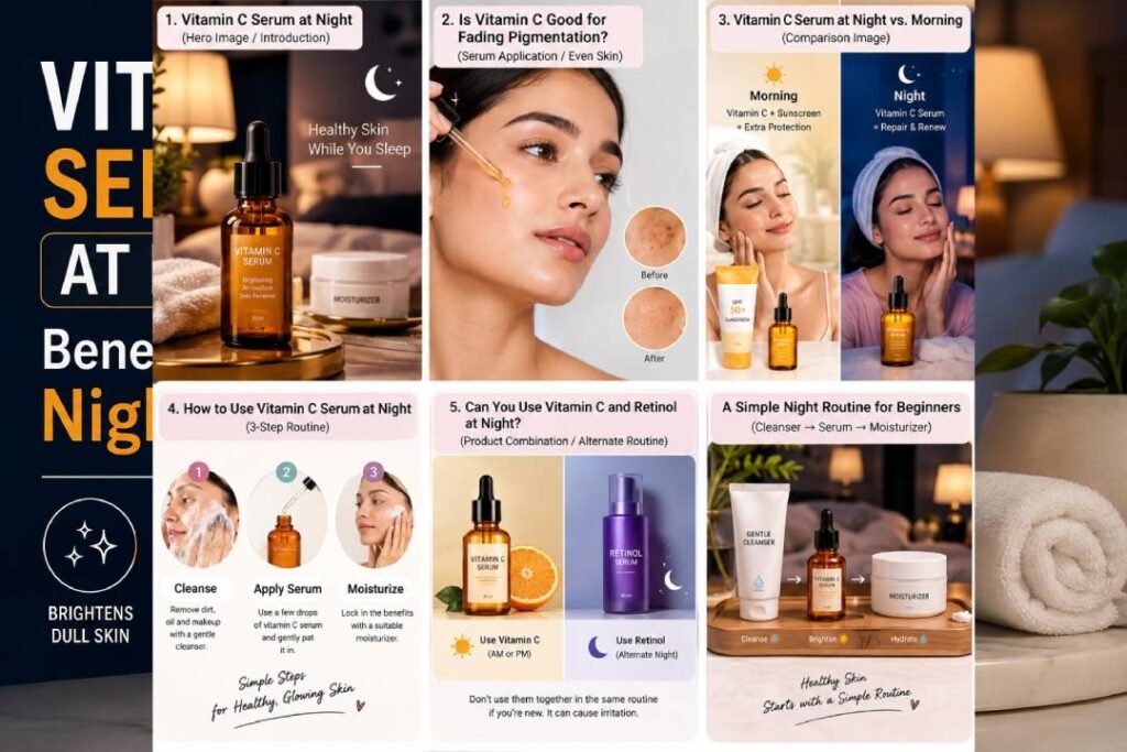 Vitamin C serum at night skincare routine infographic showing pigmentation, morning versus night use, application steps, retinol, and beginner skincare routine.