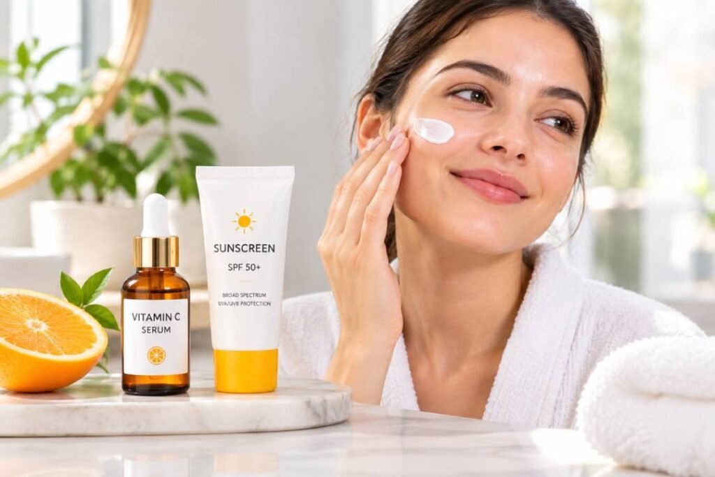 Vitamin C serum and sunscreen for pigmentation
