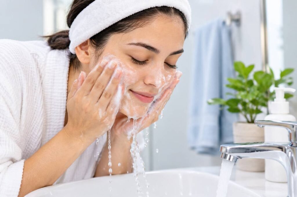 Woman washing her face with facial cleanser