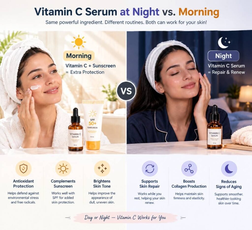 Vitamin C serum at night vs. morning for skin care