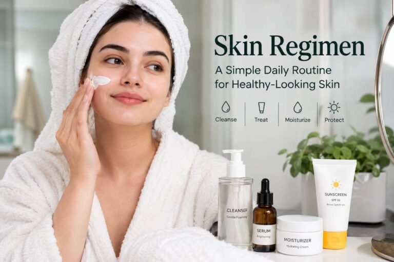 Skin regimen with a woman applying moisturizer and skincare products